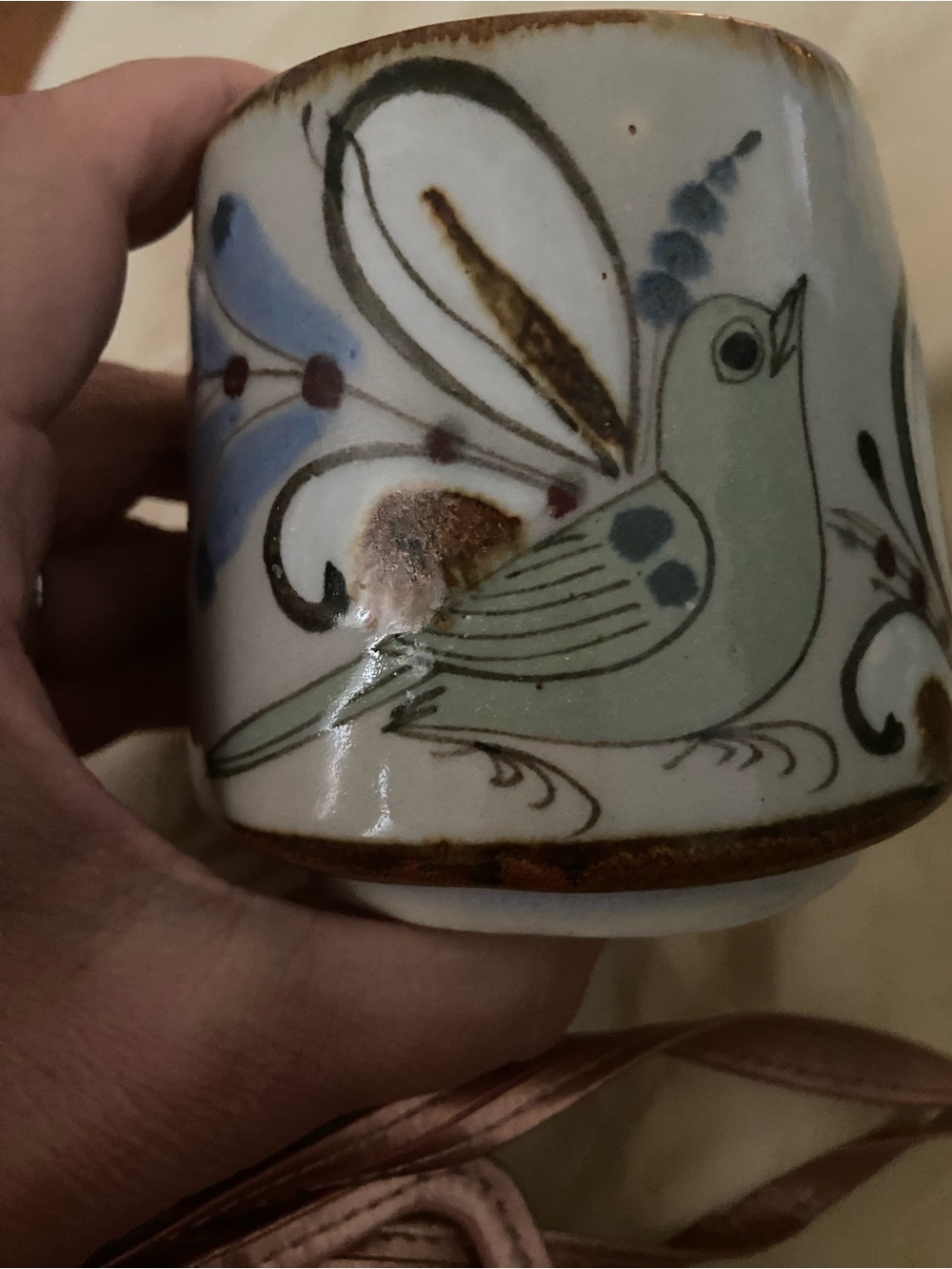 Hand-Painted Ceramic Mug with Sage Green Bird Motif